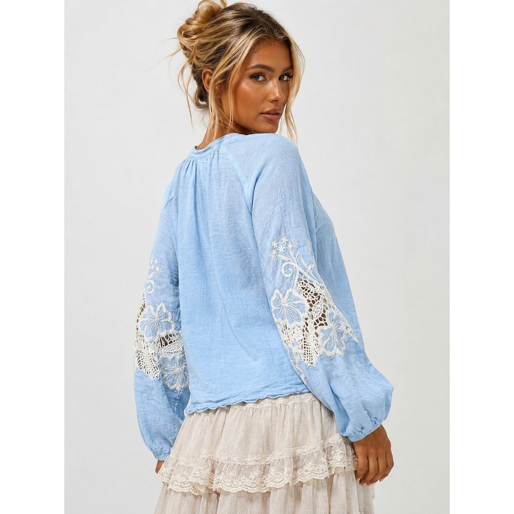 Charlie B Women Blue Cotton Linen Lace Embroidery Sleeve Button Up Blouse P S - Picture 2 of 11